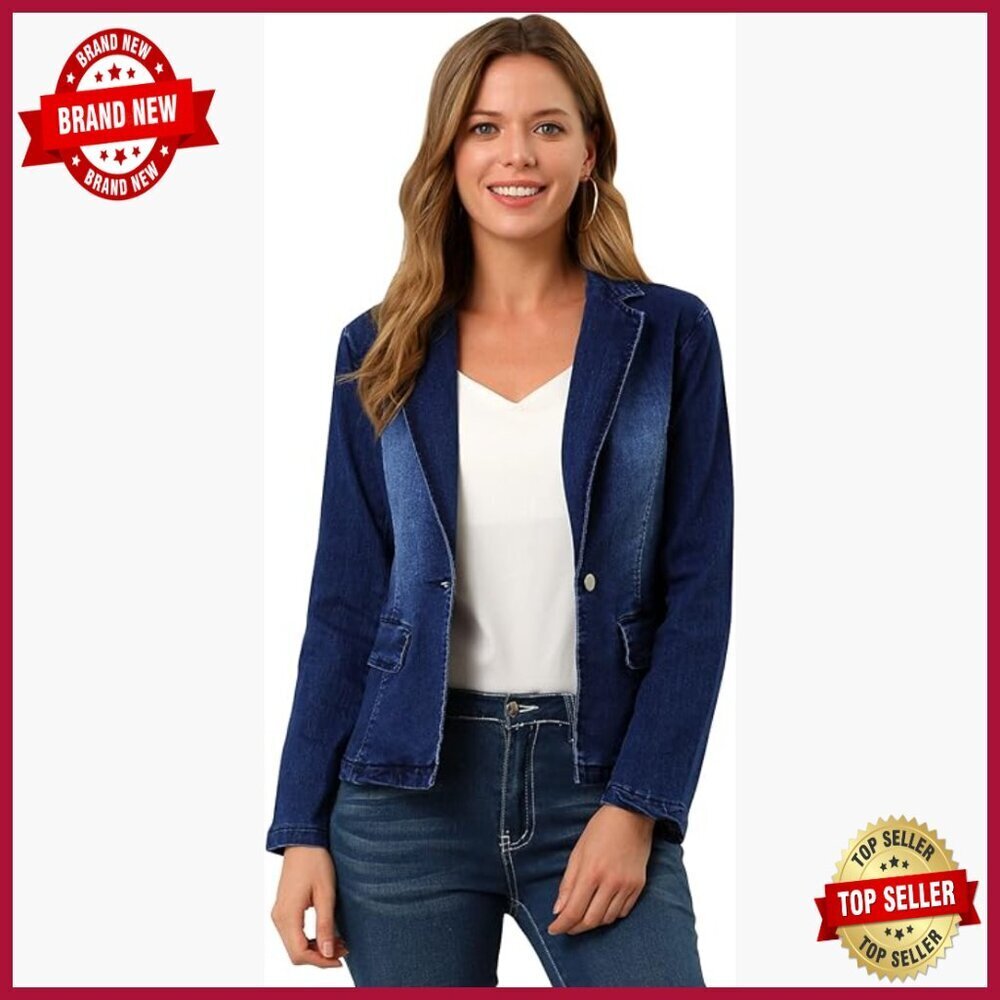 Notched Lapel Denim Blazer, Long Sleeve Fitted Waist Business Casual